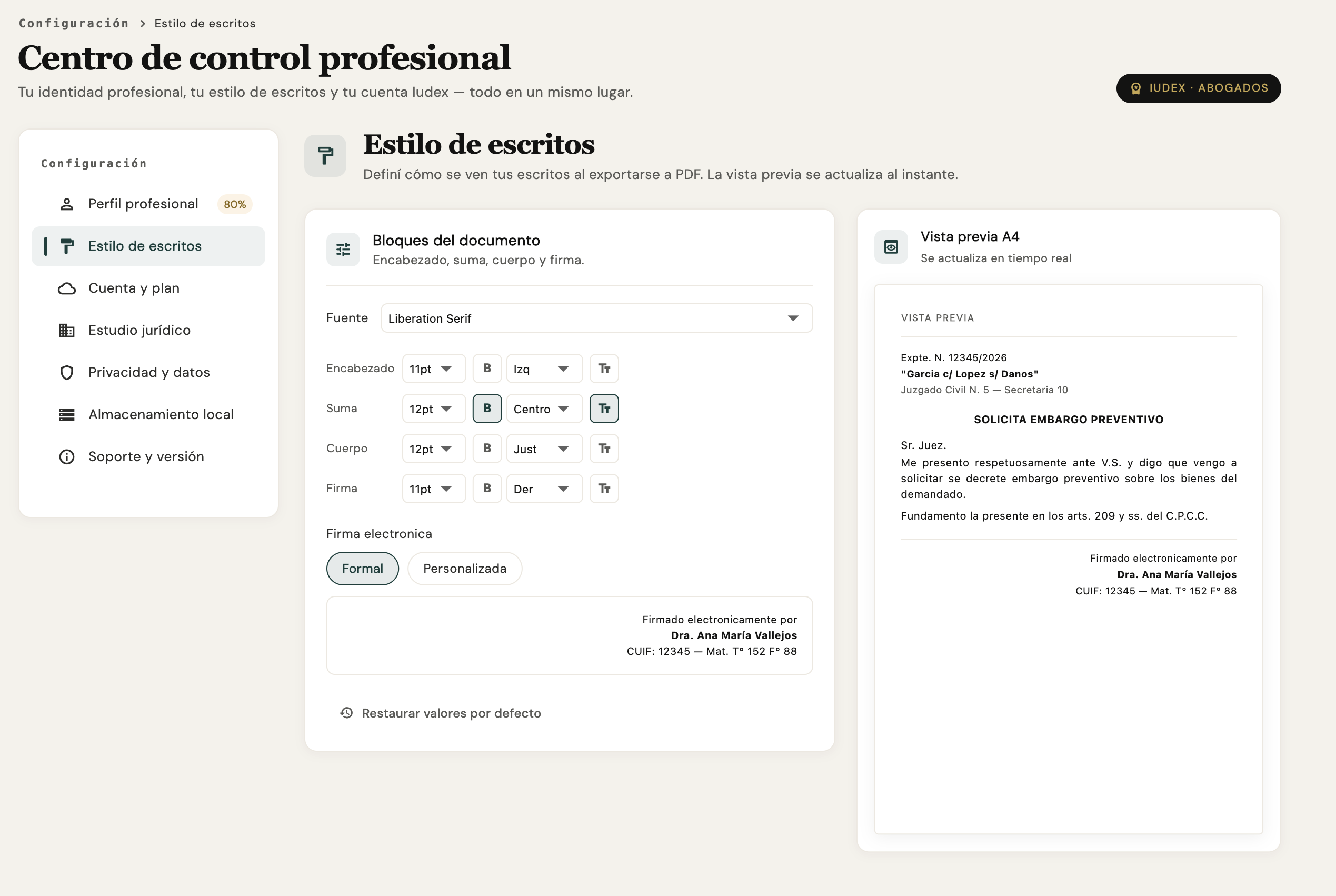 Centro de control profesional — Estilo de escritos