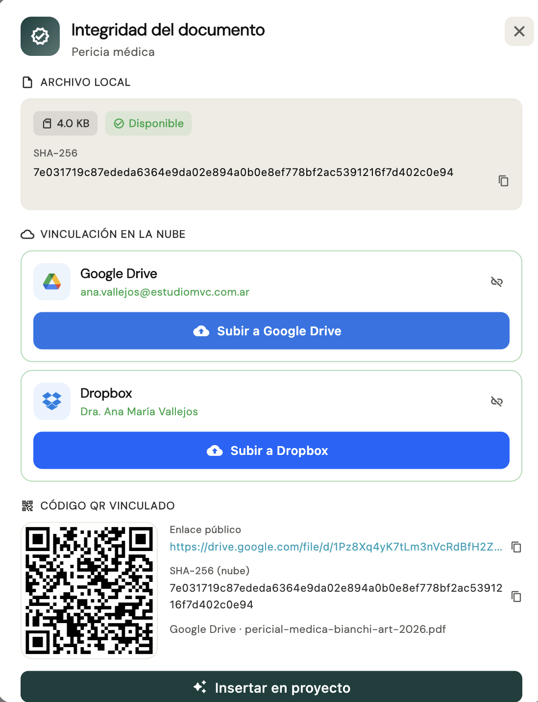 Integridad del documento — QR + hash + vinculación cloud