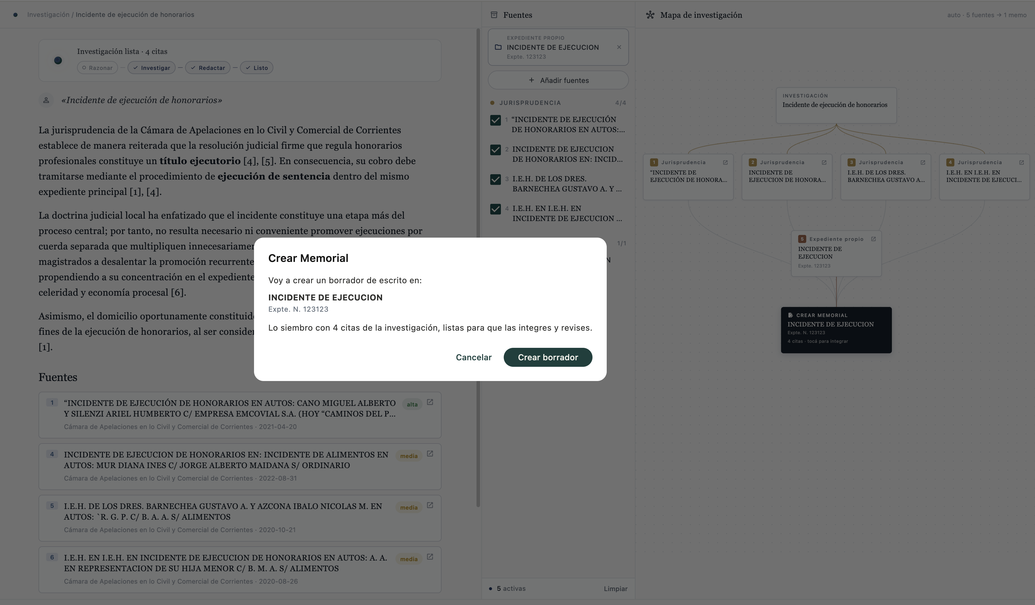 Memo de trabajo armado con los fallos seleccionados, listo para revisar